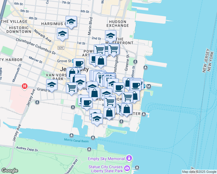 map of restaurants, bars, coffee shops, grocery stores, and more near in Jersey City