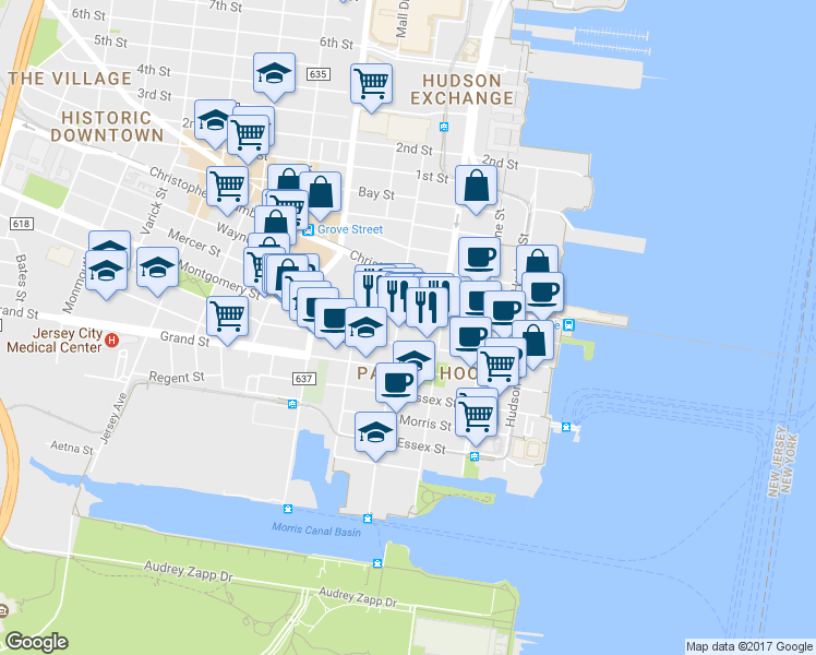 map of restaurants, bars, coffee shops, grocery stores, and more near in Jersey City