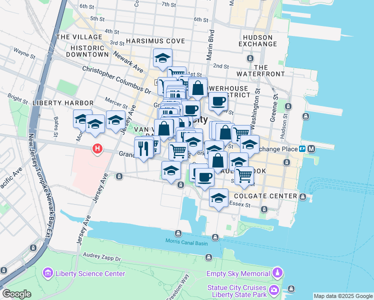 map of restaurants, bars, coffee shops, grocery stores, and more near in Jersey City