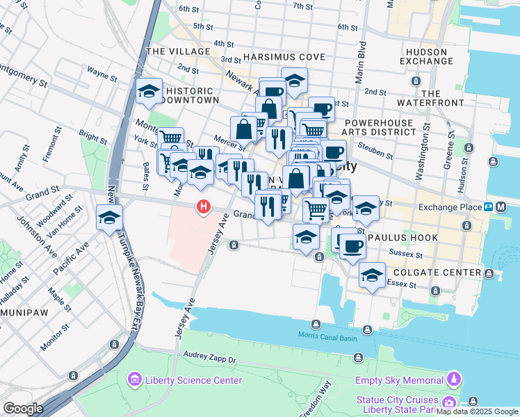 map of restaurants, bars, coffee shops, grocery stores, and more near 111 Liberty View Drive in Jersey City