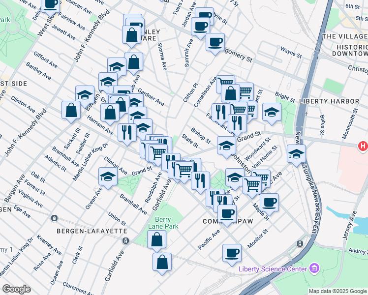 map of restaurants, bars, coffee shops, grocery stores, and more near 675-695 Grand Street in Jersey City