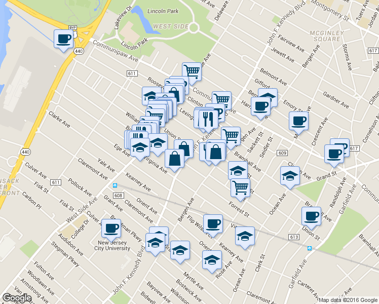 map of restaurants, bars, coffee shops, grocery stores, and more near 2255 John F. Kennedy Boulevard in Jersey City