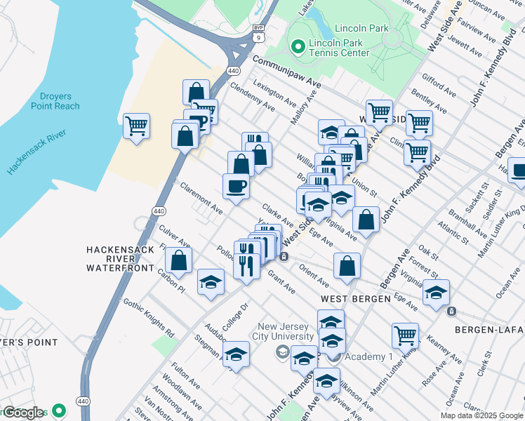 map of restaurants, bars, coffee shops, grocery stores, and more near 51 Yale Avenue in Jersey City