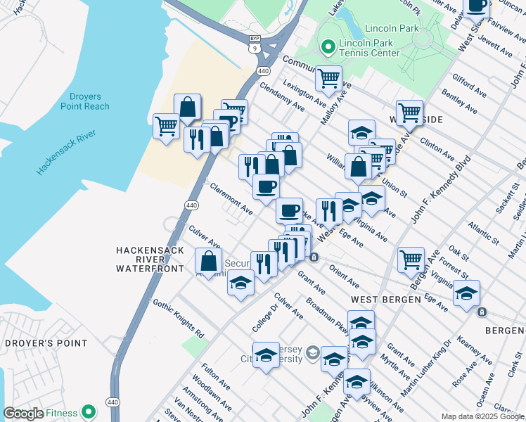 map of restaurants, bars, coffee shops, grocery stores, and more near 55 Mallory Avenue in Jersey City