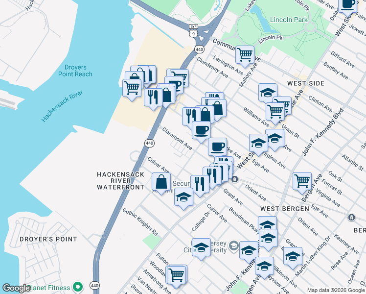 map of restaurants, bars, coffee shops, grocery stores, and more near 45 Mallory Avenue in Jersey City