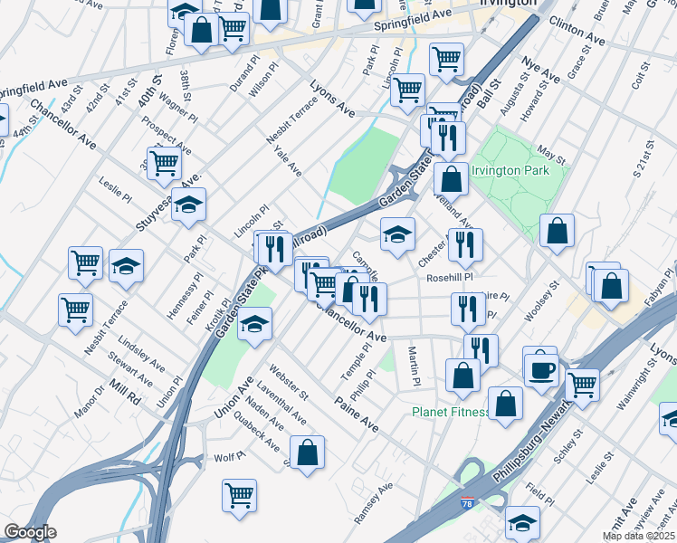 map of restaurants, bars, coffee shops, grocery stores, and more near 14 Kuna Terrace in Irvington