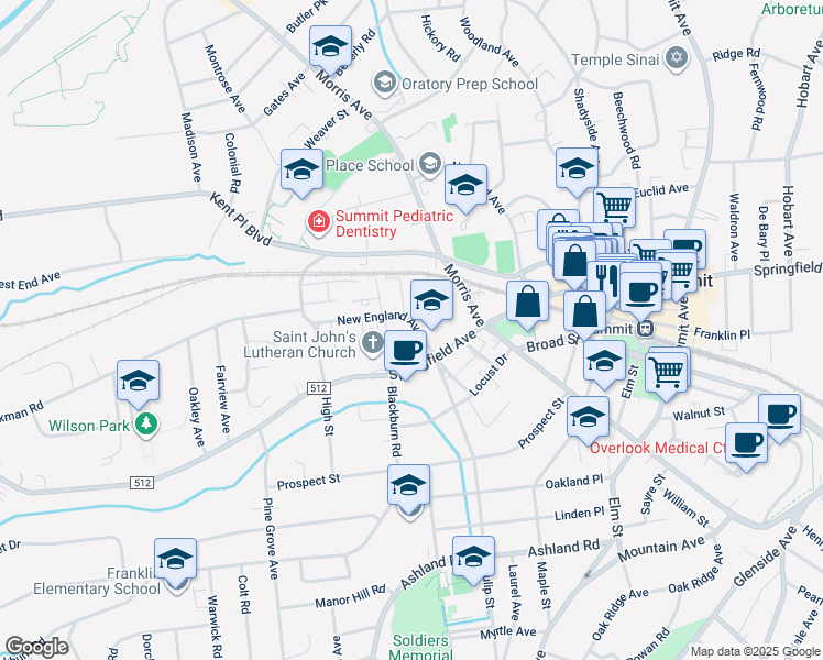 map of restaurants, bars, coffee shops, grocery stores, and more near 573 Springfield Avenue in Summit