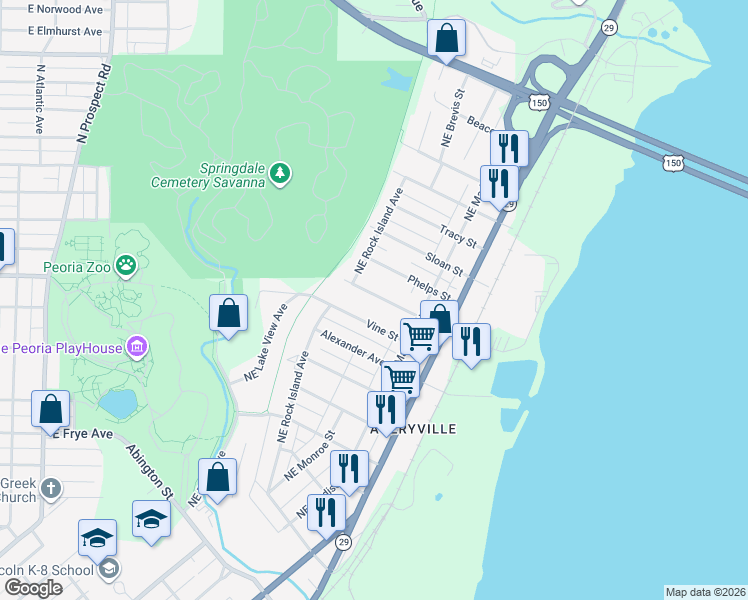 map of restaurants, bars, coffee shops, grocery stores, and more near 616 Vine St in Peoria