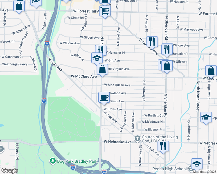 map of restaurants, bars, coffee shops, grocery stores, and more near 1200 West Nowland Avenue in Peoria