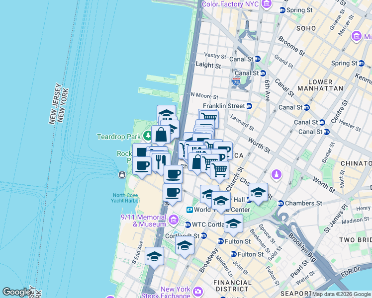 map of restaurants, bars, coffee shops, grocery stores, and more near 171 West Street in New York