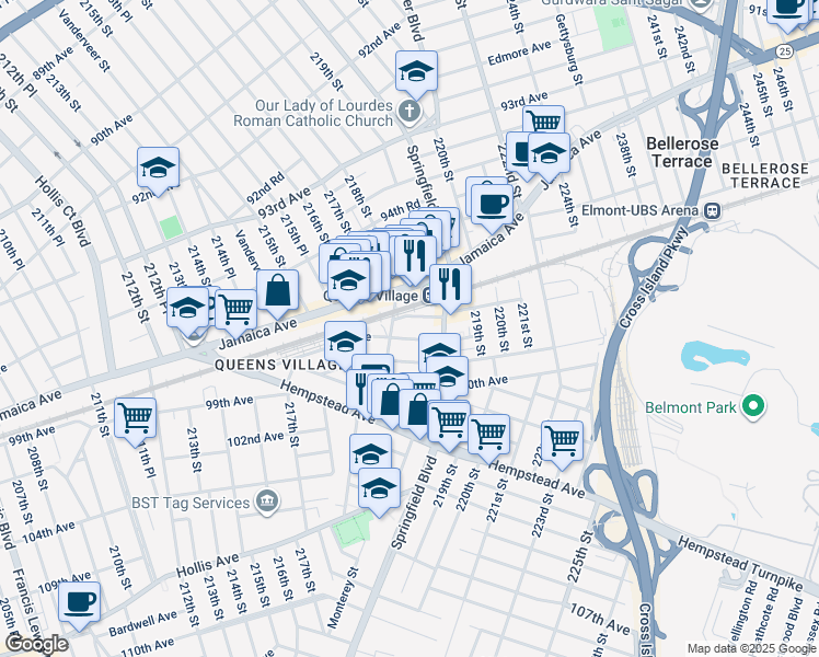 map of restaurants, bars, coffee shops, grocery stores, and more near 218-28 97th Avenue in Queens