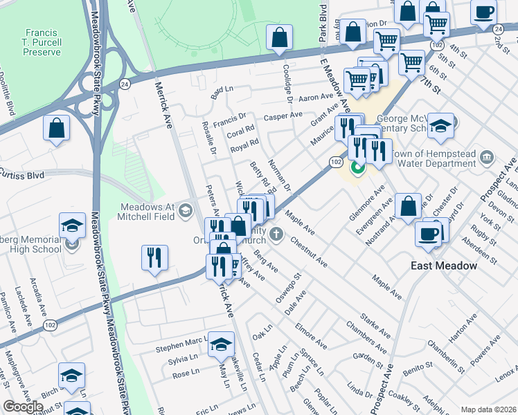 map of restaurants, bars, coffee shops, grocery stores, and more near 1642 New York 102 in East Meadow