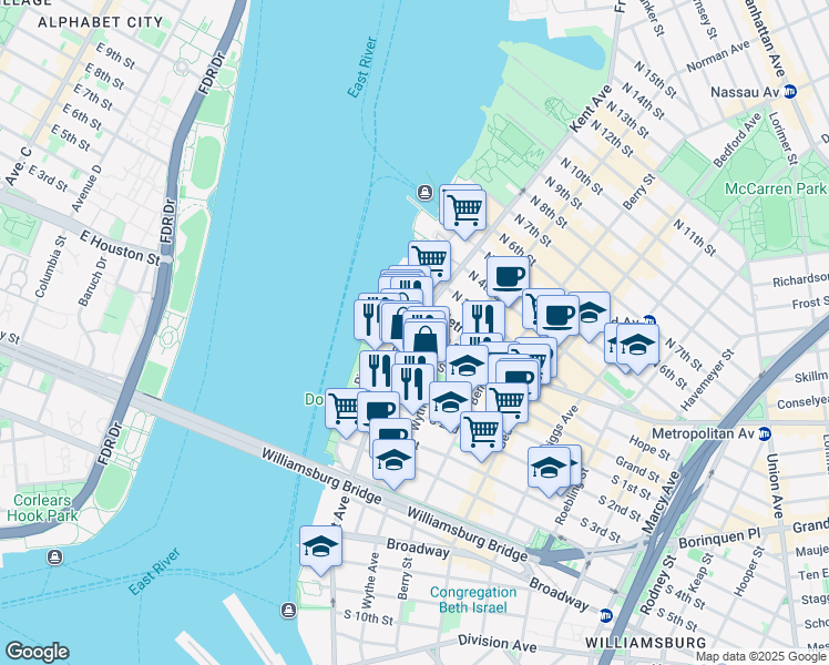 map of restaurants, bars, coffee shops, grocery stores, and more near 73 Grand Street in Brooklyn