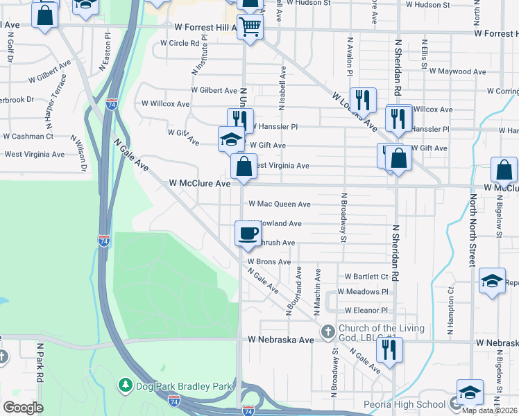 map of restaurants, bars, coffee shops, grocery stores, and more near 1200 West Nowland Avenue in Peoria
