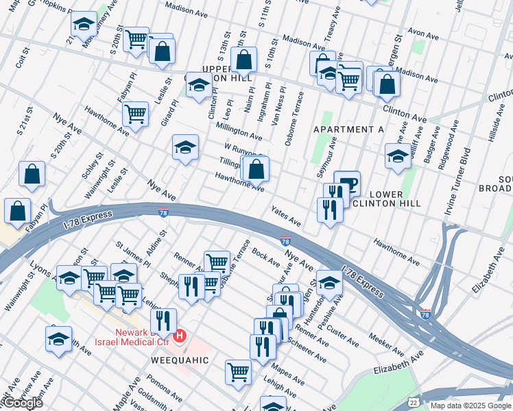 map of restaurants, bars, coffee shops, grocery stores, and more near 185 Osborne Terrace in Newark