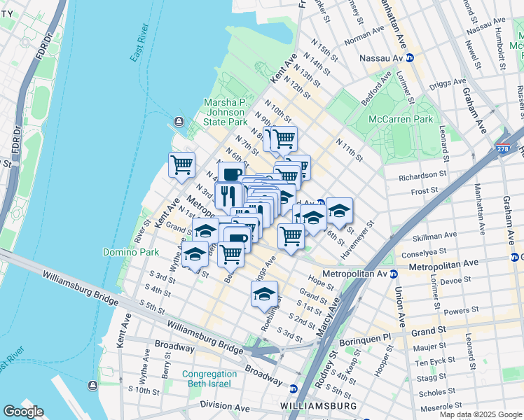 map of restaurants, bars, coffee shops, grocery stores, and more near 256 Bedford Avenue in Brooklyn
