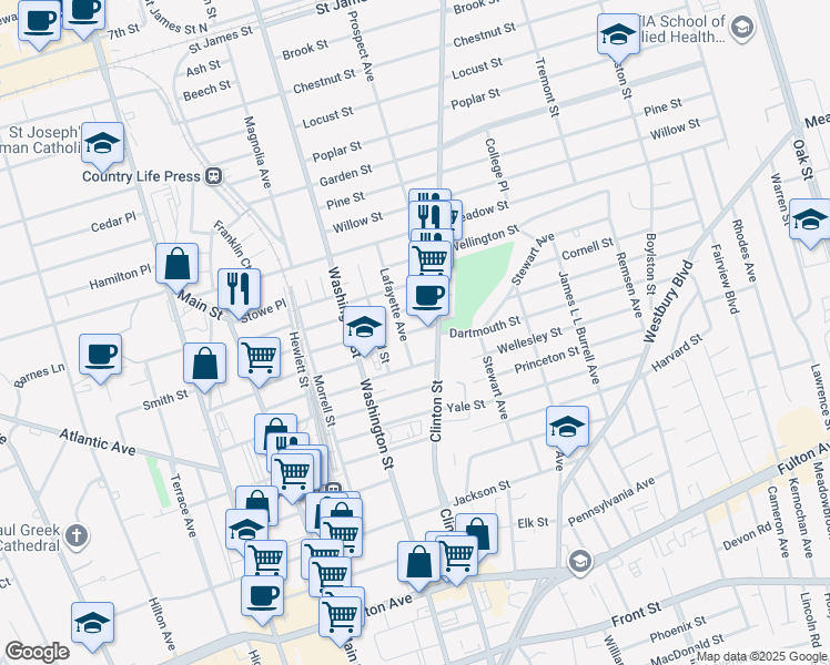 map of restaurants, bars, coffee shops, grocery stores, and more near 105 Vancott Avenue in Hempstead