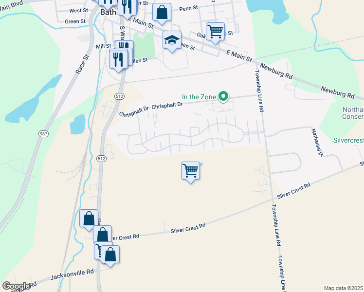 map of restaurants, bars, coffee shops, grocery stores, and more near 219 Bayberry Court in Bath