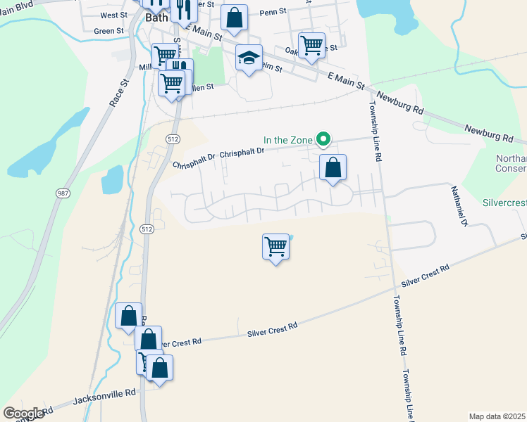map of restaurants, bars, coffee shops, grocery stores, and more near 219 Bayberry Court in Bath