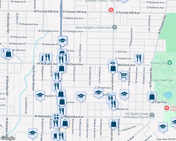 map of restaurants, bars, coffee shops, grocery stores, and more near 418 East Archer Avenue in Peoria