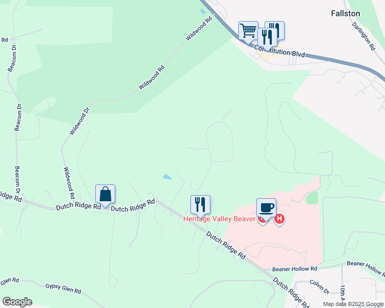 map of restaurants, bars, coffee shops, grocery stores, and more near 109 Valley View Drive in Beaver
