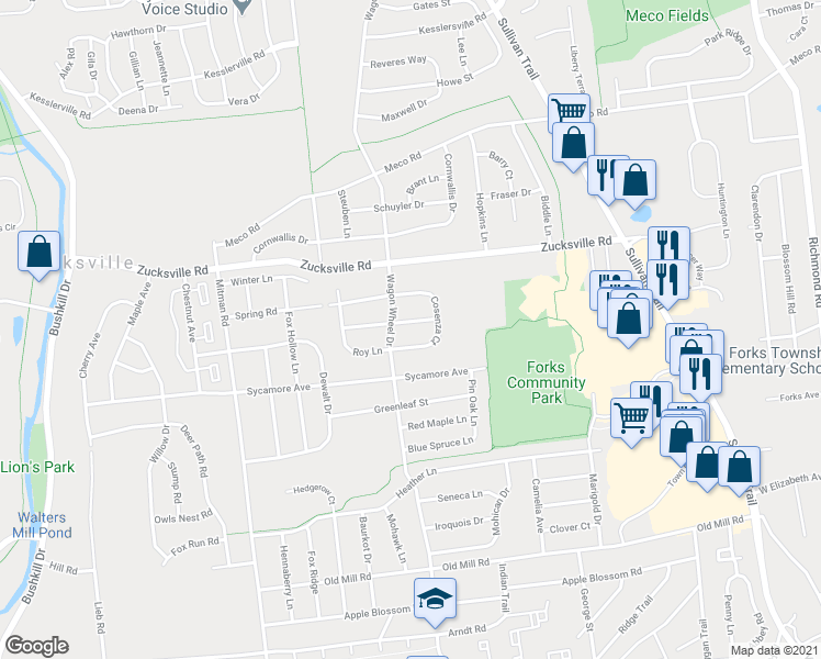 map of restaurants, bars, coffee shops, grocery stores, and more near 924 Betty Lane in Easton