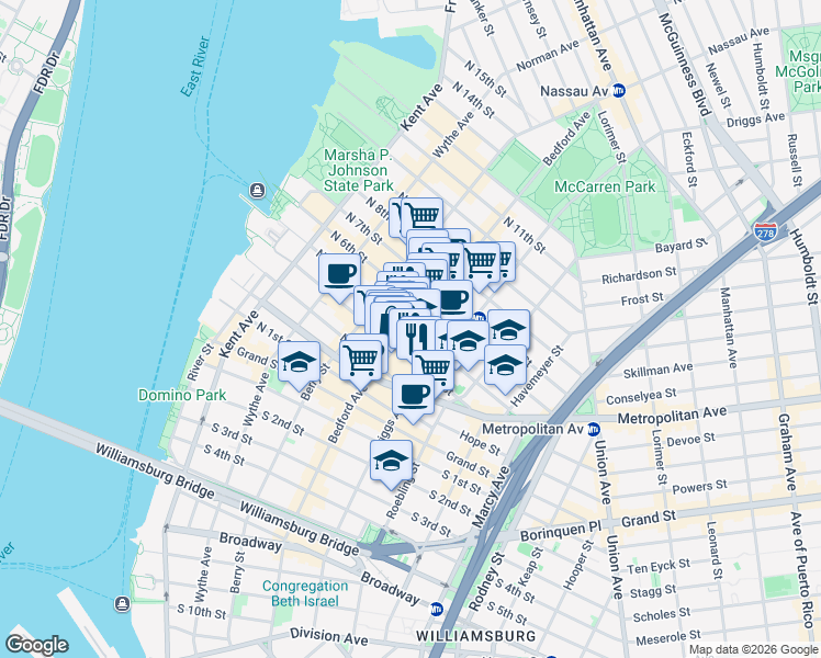 map of restaurants, bars, coffee shops, grocery stores, and more near Bedford Ave & N 5th St in Brooklyn