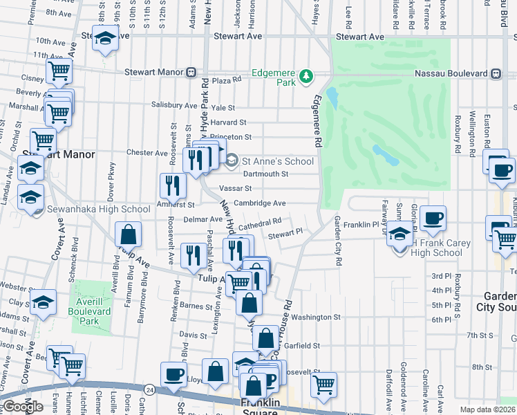 map of restaurants, bars, coffee shops, grocery stores, and more near 965 Cathedral Road in Franklin Square