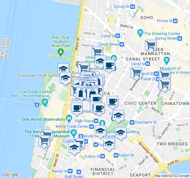 map of restaurants, bars, coffee shops, grocery stores, and more near 155 Chambers Street in New York
