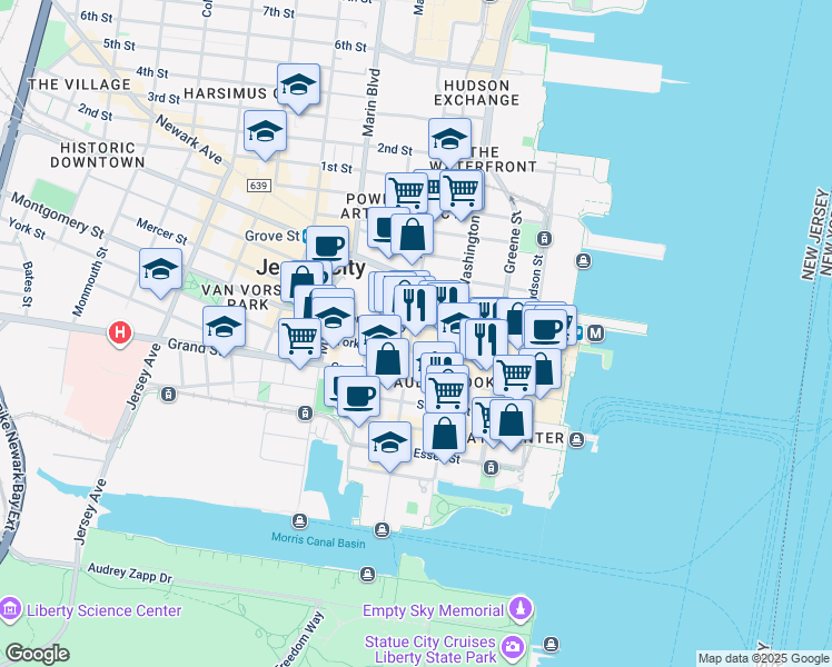 map of restaurants, bars, coffee shops, grocery stores, and more near 239 Washington Street in Jersey City
