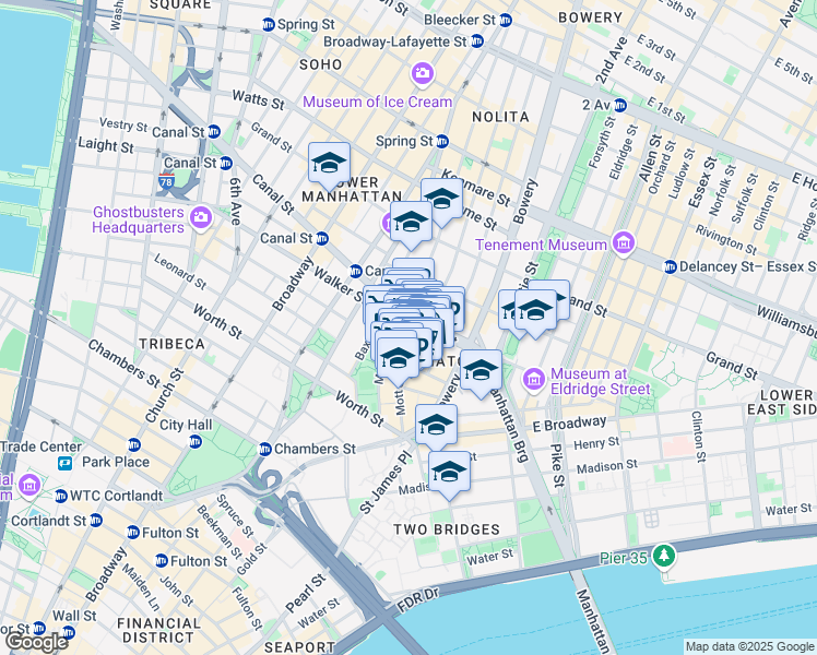 map of restaurants, bars, coffee shops, grocery stores, and more near 64 Mott Street in New York