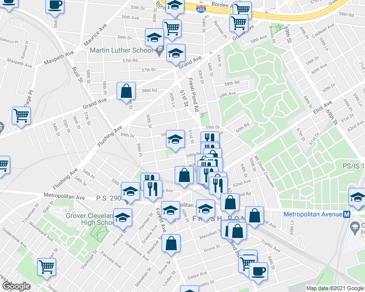 map of restaurants, bars, coffee shops, grocery stores, and more near 60th Lane in Queens