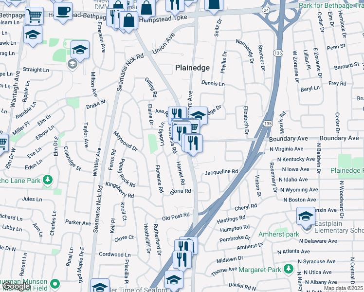 map of restaurants, bars, coffee shops, grocery stores, and more near 4175 Iris Place in Bethpage