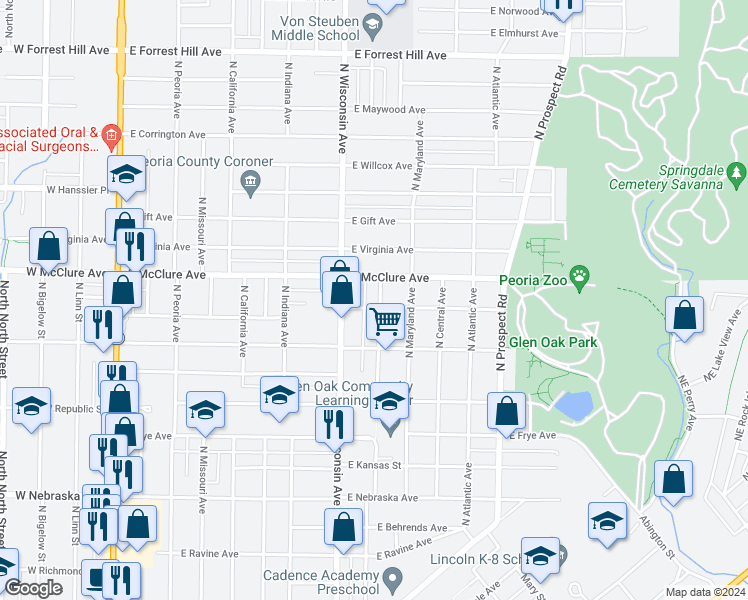 map of restaurants, bars, coffee shops, grocery stores, and more near 2405 North Delaware Street in Peoria