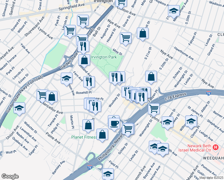 map of restaurants, bars, coffee shops, grocery stores, and more near in Irvington