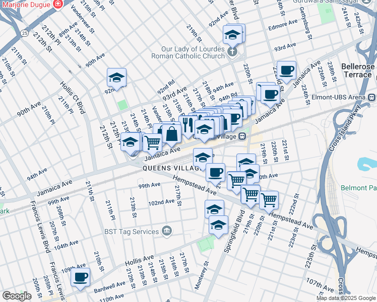 map of restaurants, bars, coffee shops, grocery stores, and more near 215-21 Jamaica Avenue in Queens