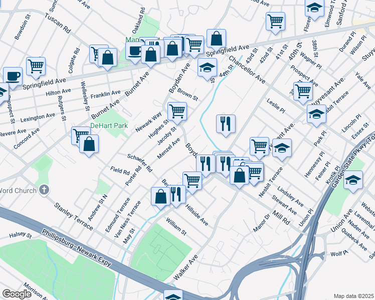 map of restaurants, bars, coffee shops, grocery stores, and more near 13 Nelson Place in Maplewood