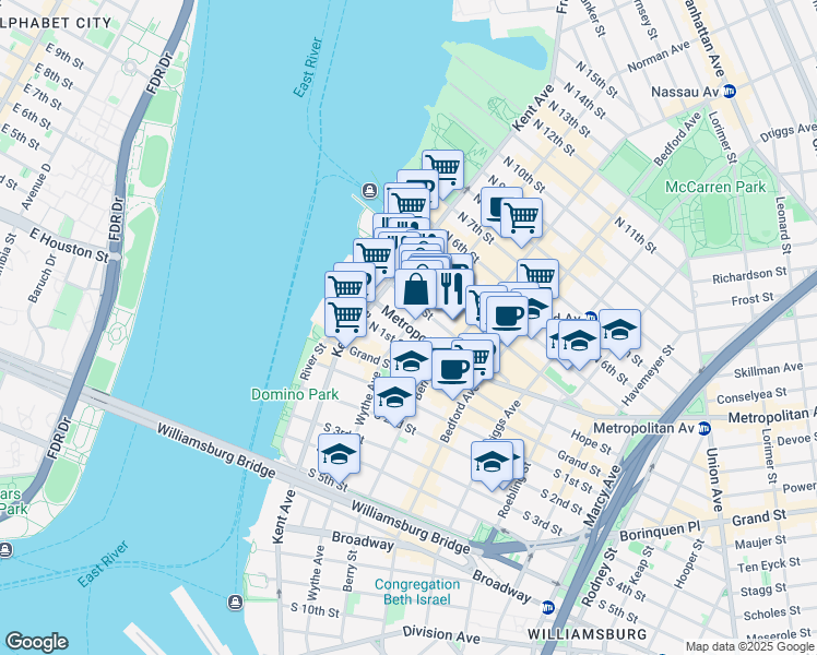 map of restaurants, bars, coffee shops, grocery stores, and more near Metropolitan Ave & Wythe Ave in Brooklyn