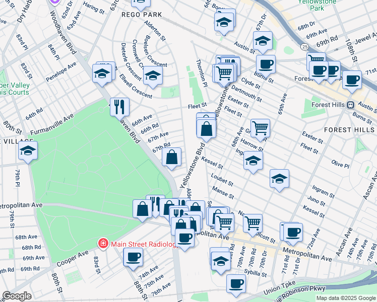 map of restaurants, bars, coffee shops, grocery stores, and more near 67-17 Alderton Street in Queens
