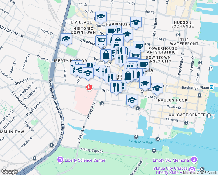 map of restaurants, bars, coffee shops, grocery stores, and more near 293 York Street in Jersey City