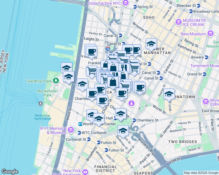map of restaurants, bars, coffee shops, grocery stores, and more near 43 Worth Street in New York