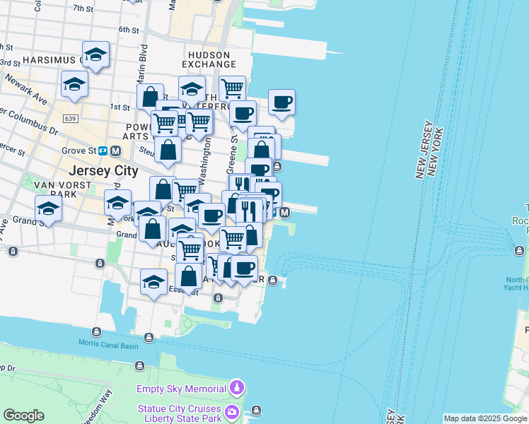 map of restaurants, bars, coffee shops, grocery stores, and more near 2 Exchange Place in Jersey City