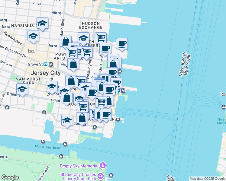 map of restaurants, bars, coffee shops, grocery stores, and more near 10 Exchange Place in Jersey City