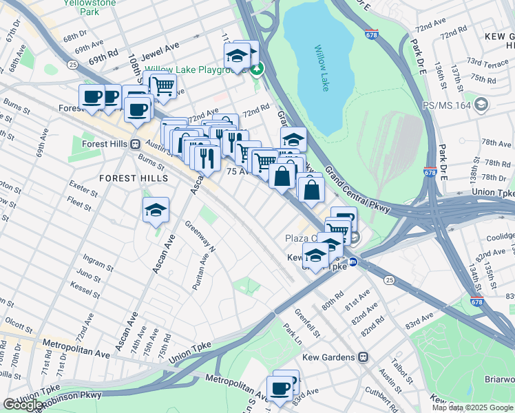 map of restaurants, bars, coffee shops, grocery stores, and more near 111-15 76th Avenue in Queens