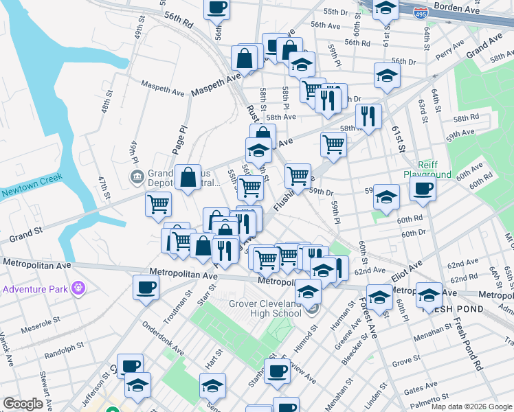 map of restaurants, bars, coffee shops, grocery stores, and more near 5905 56th Street in Queens