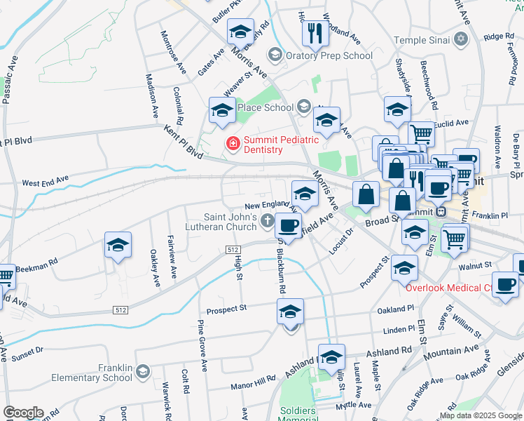 map of restaurants, bars, coffee shops, grocery stores, and more near New England Avenue in Summit