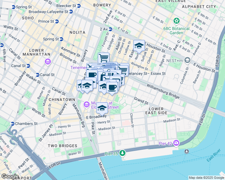 map of restaurants, bars, coffee shops, grocery stores, and more near 343 Grand Street in New York