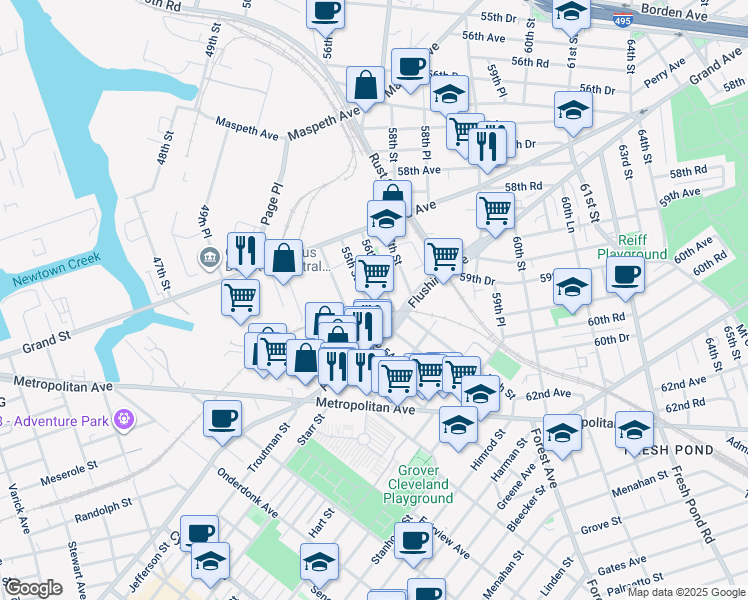 map of restaurants, bars, coffee shops, grocery stores, and more near 5905 56th Street in Queens
