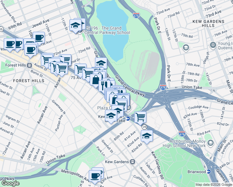 map of restaurants, bars, coffee shops, grocery stores, and more near 77-35 113th Street in Queens
