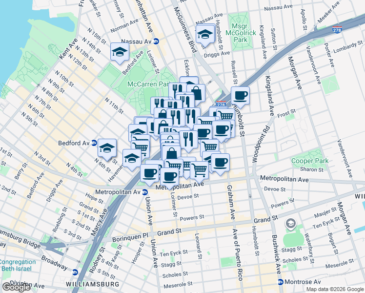 map of restaurants, bars, coffee shops, grocery stores, and more near 282 Meeker Avenue in Brooklyn
